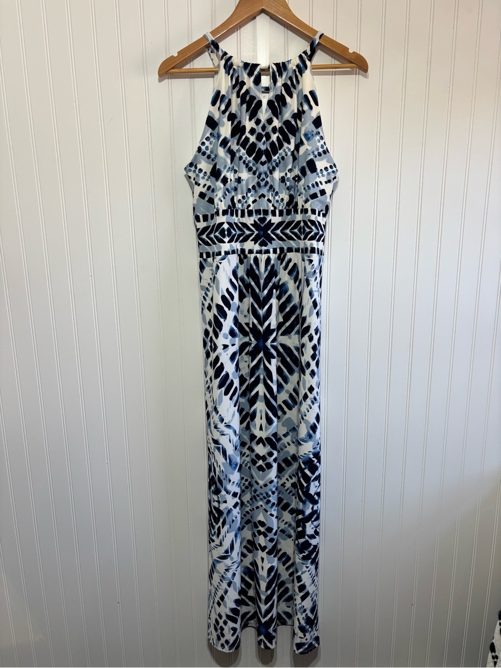 Chico’s Blue White Geometric Halter Maxi Dress Resort Vacation Boho 2/ Large - Picture 7 of 13
